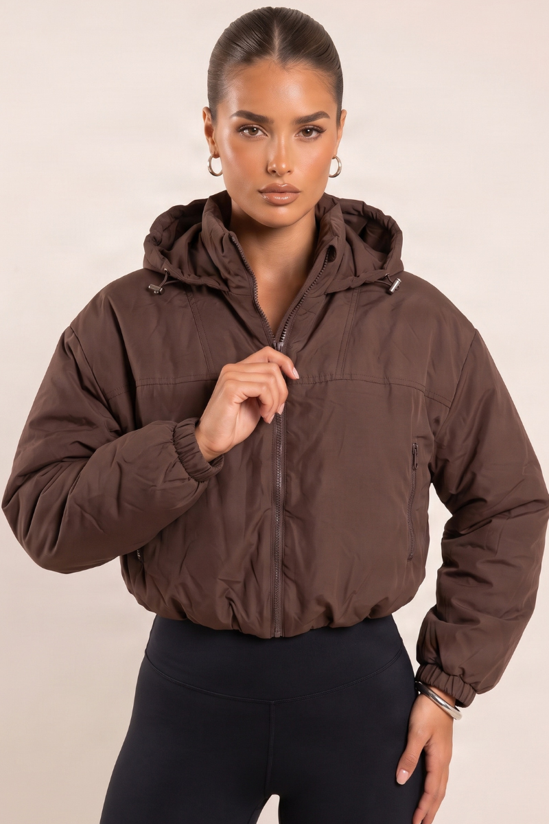Chocolate Hooded Toggle Cropped Puffer Jacket - Lenny