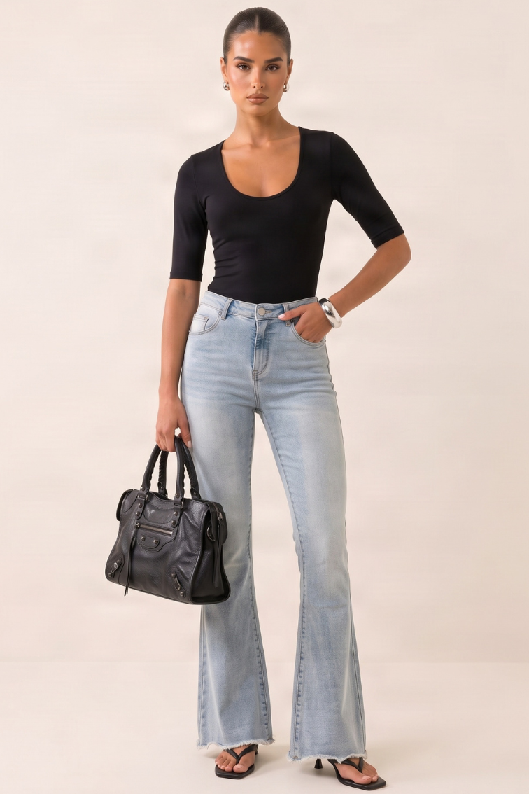 Light Blue Washed Stretch Denim Frayed Hem Flare Leg Jeans - Carys