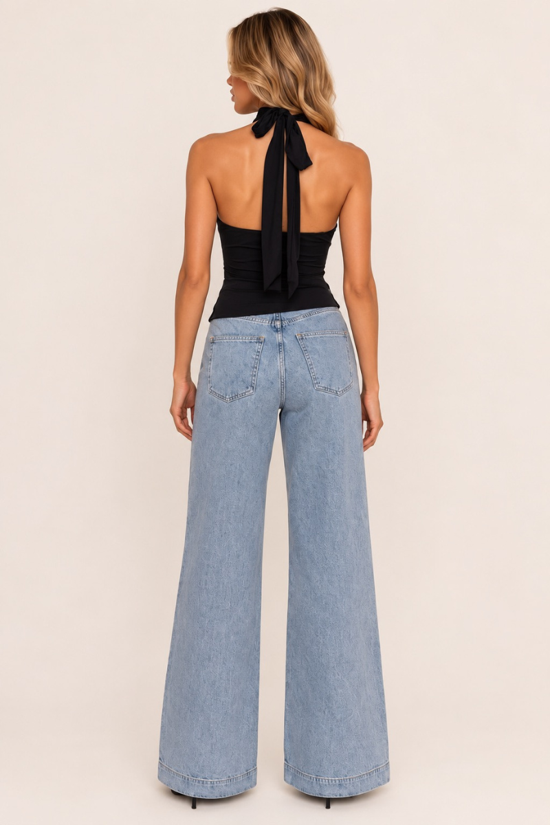 Black Buckle Detail Halter Asymmetric Top - Josey