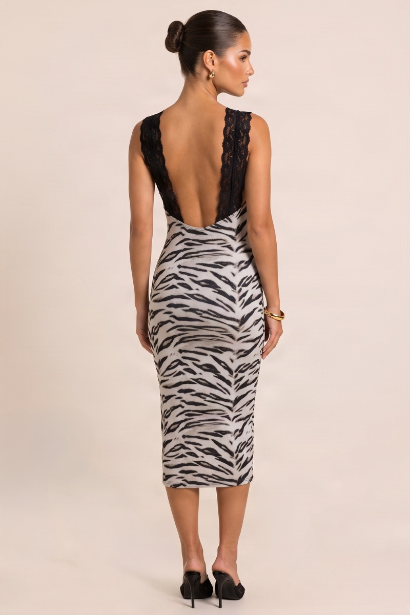 Zebra Print Lace Trim Tie Front Midi Dress - Barnie