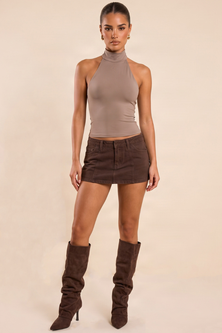 Mocha Slinky High Neck Top - Betsy