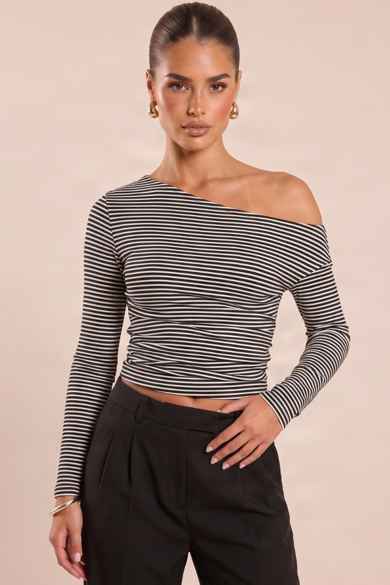 Black Stripe Off Shoulder Long Sleeve Top - Devri