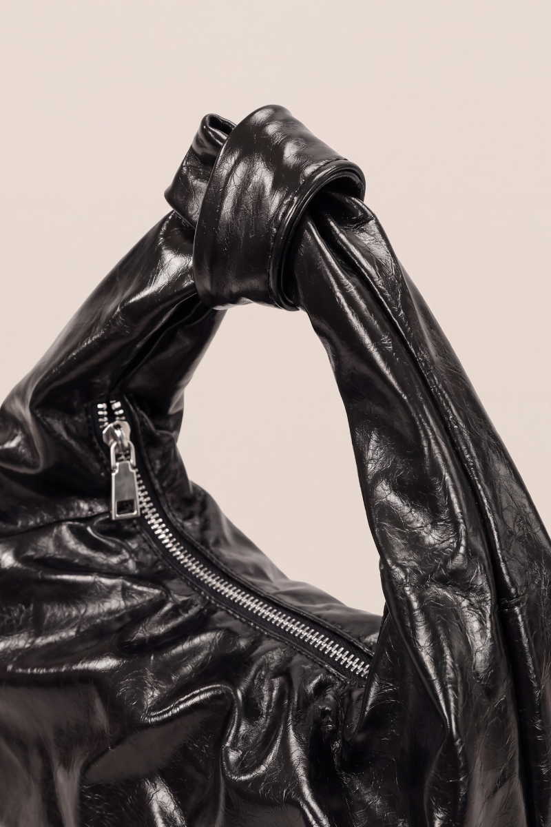 Black Faux Leather Knot Handle Grab Bag - Lindie