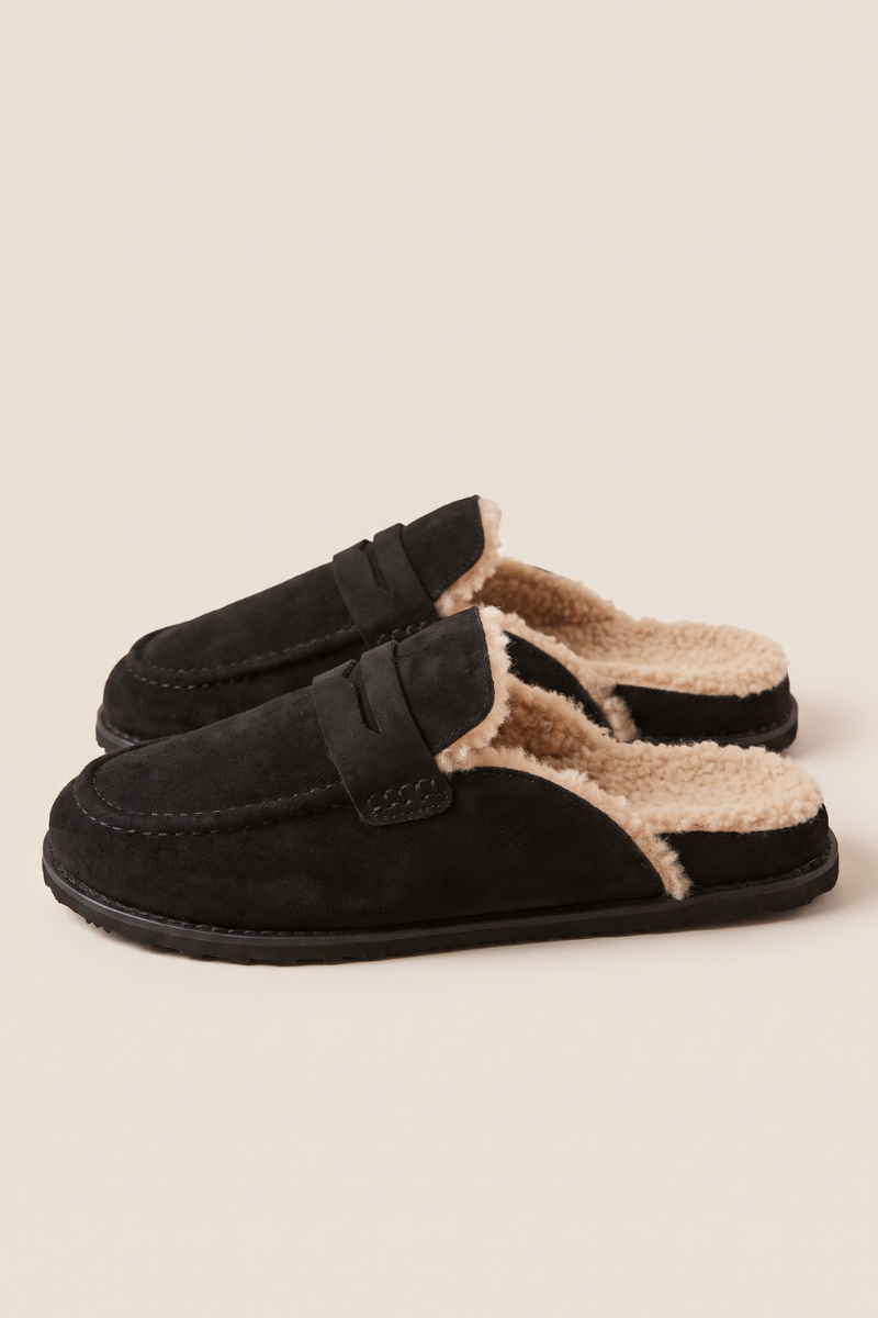 Black Faux Suede Faux Fur Lined Loafer Mules - Brynn