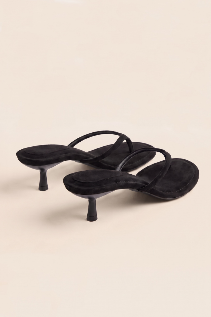 Black Faux Suede Thong Strap Kitten Heel Mule - Waverly