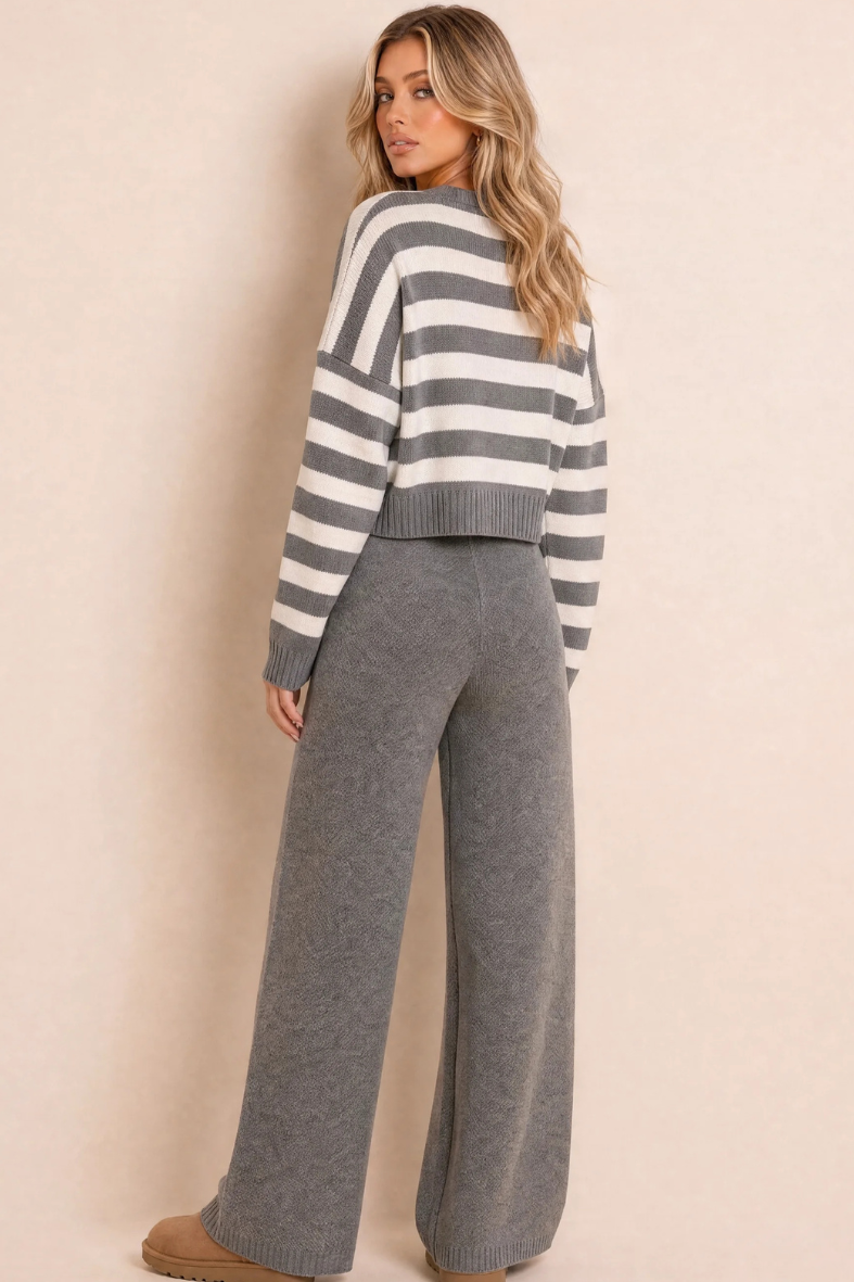 Grey Oversized Stripe Cardigan and Jogger Loungewear Co-ord Set - Hayden