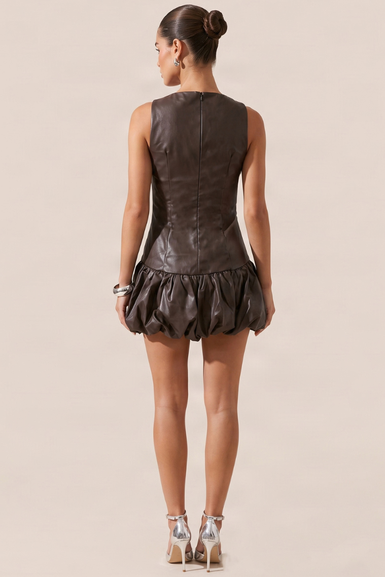 Chocolate PU Faux Leather Puffball Playsuit - Leah