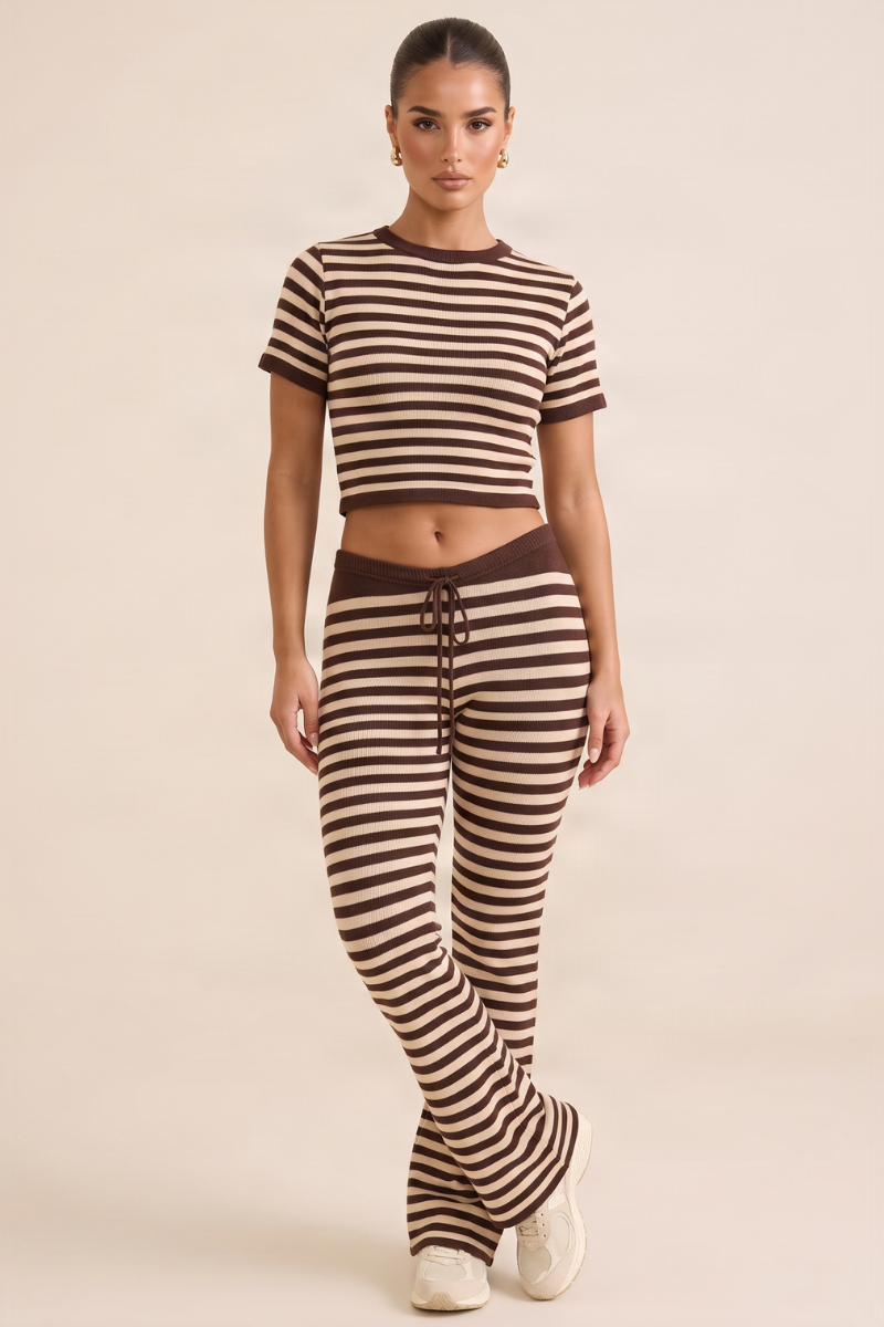 Chocolate Stripe Short Sleeve Knit Top and Flare Trousers Loungewear Co-ord Set - Kardie