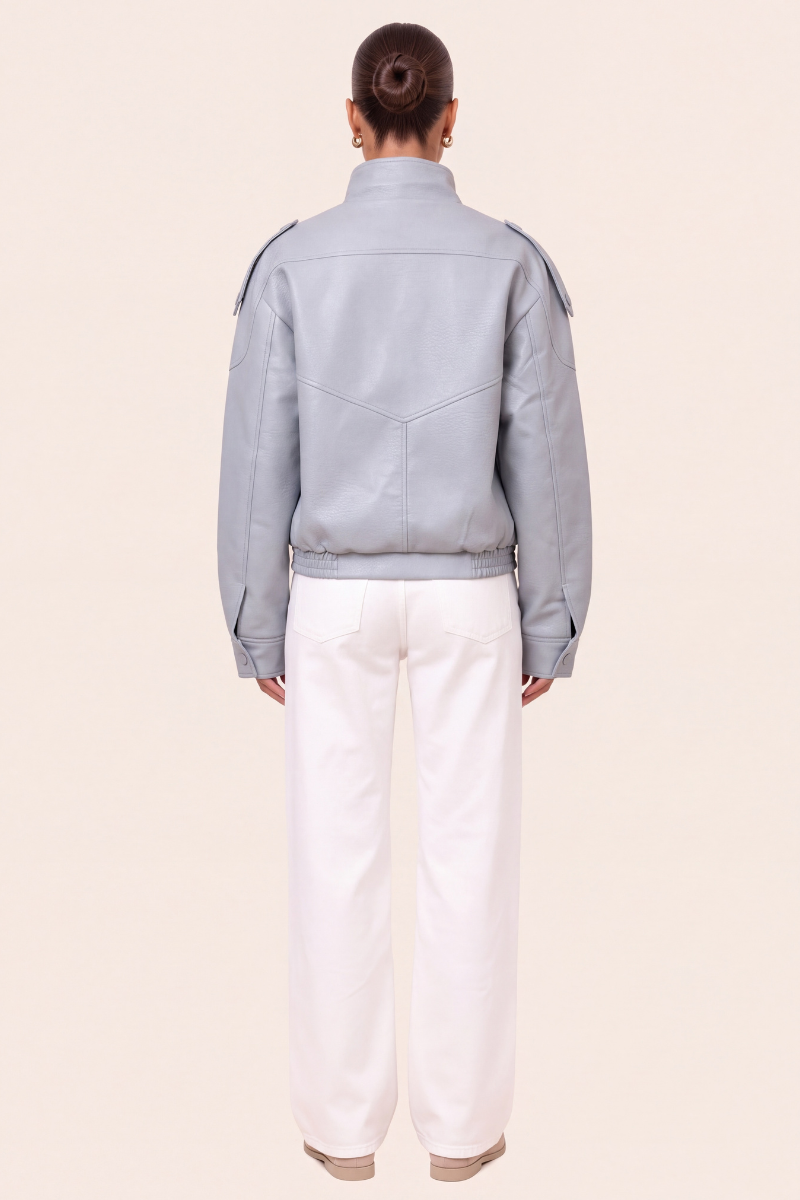 Blue Faux Leather Funnel Neck Oversized Bomber Jacket - Deanna