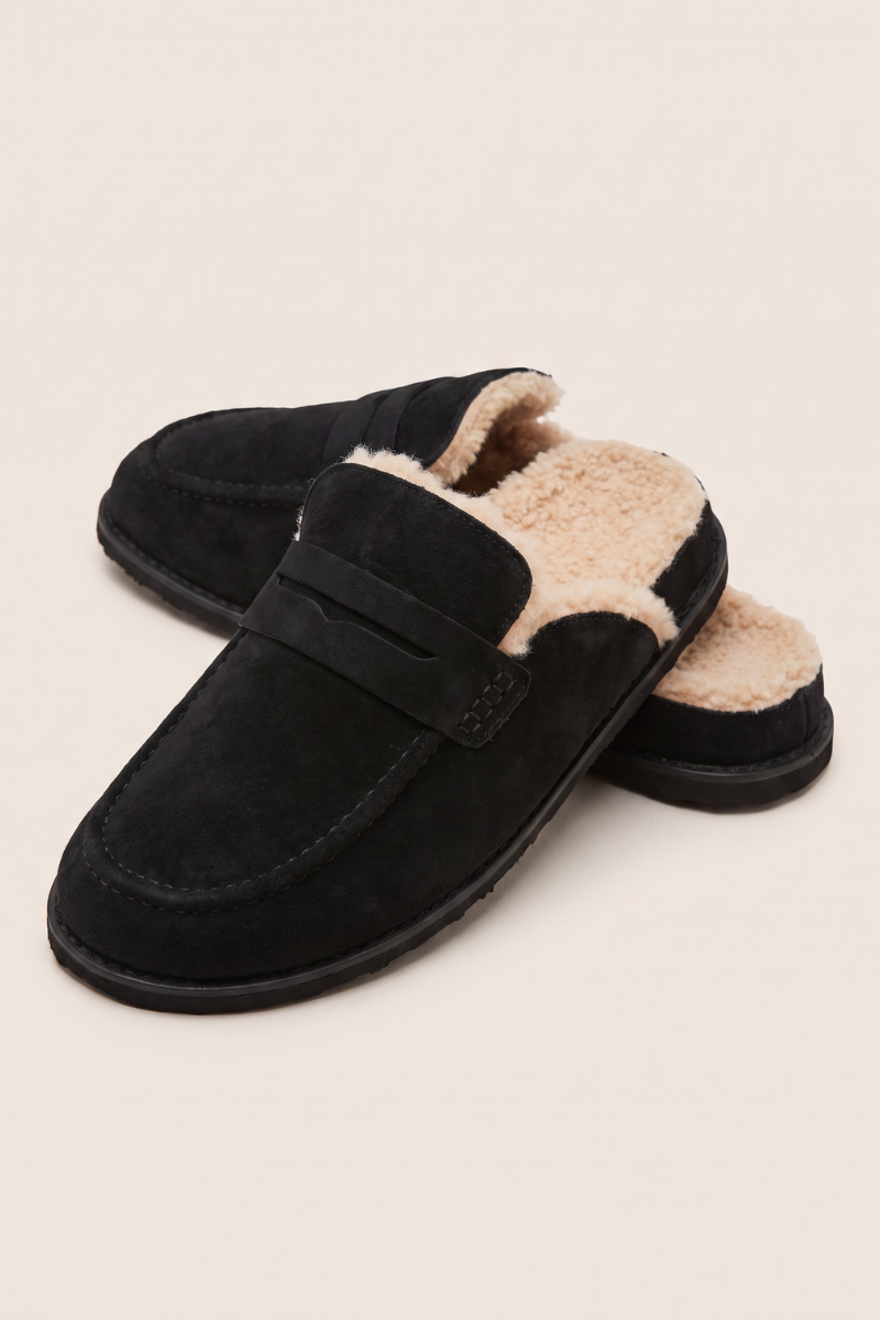 Black Faux Suede Faux Fur Lined Loafer Mules - Brynn