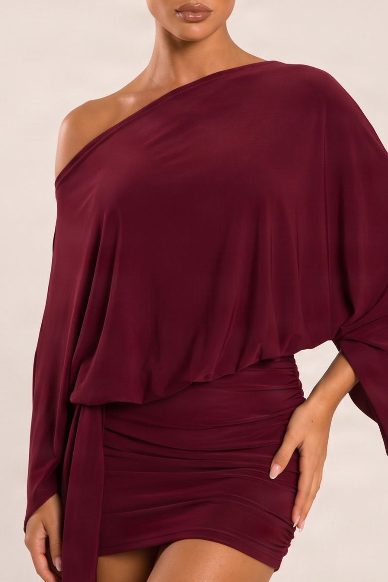 Wine Asymmetric Batwing Mini Dress - Neema