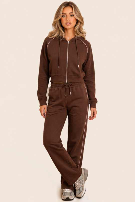 Chocolate Cropped Fit Hoodie And Jogger Loungewear Co-ord Set - Rosamond