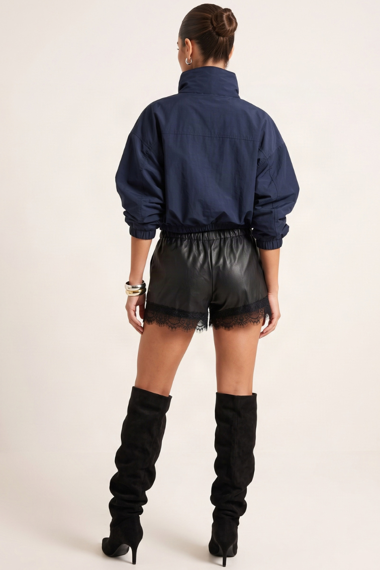 Black Faux Leather Lace Trim Shorts - Cora