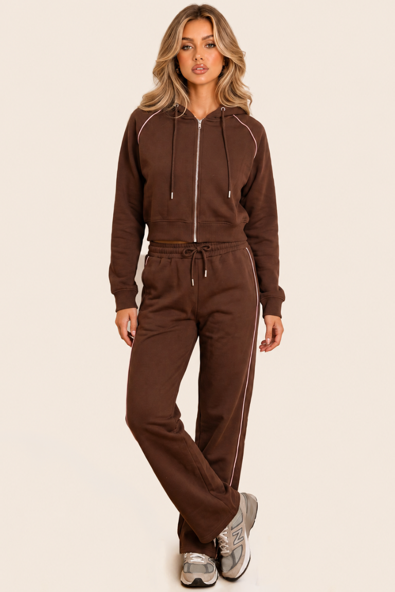 Chocolate Cropped Fit Hoodie And Jogger Loungewear Co-ord Set - Rosamond