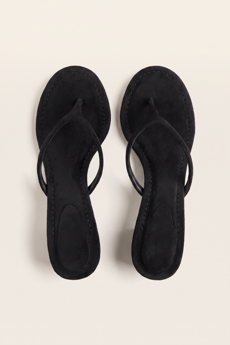 Black Faux Suede Thong Strap Kitten Heel Mule - Waverly
