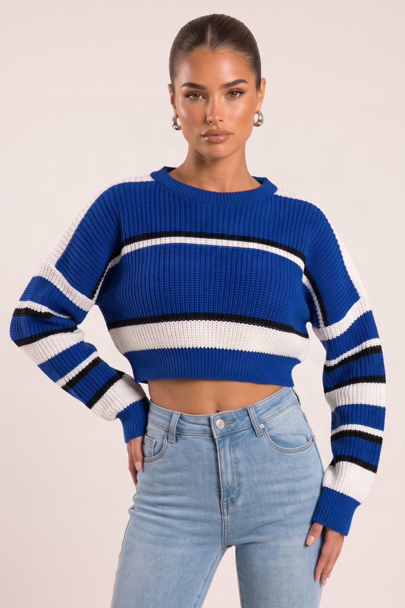 Blue Stripe Cropped Knit Jumper - Isobella