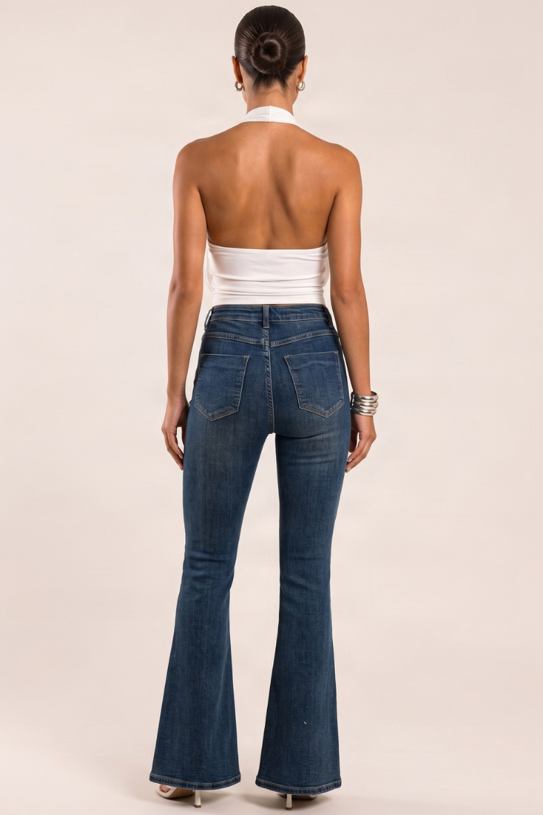 Dark Blue Vintage Washed Stretch Denim Flare Leg Jeans - Dawson