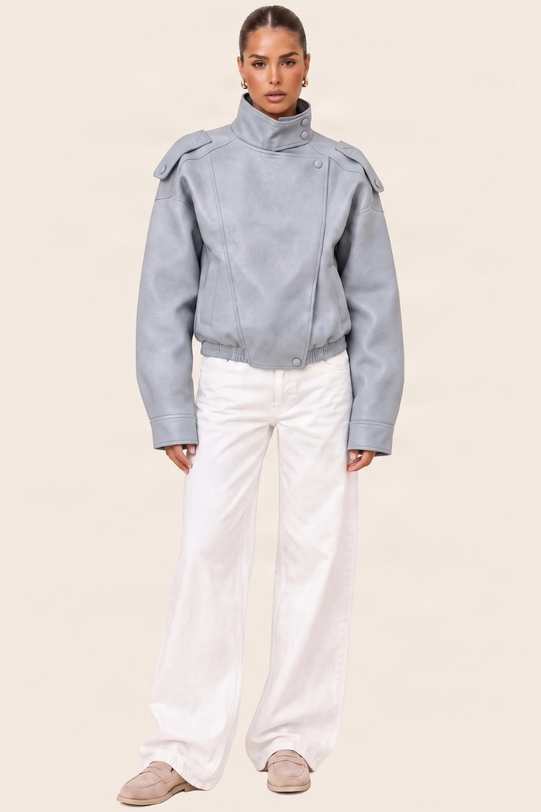 Blue Faux Leather Funnel Neck Oversized Bomber Jacket - Deanna