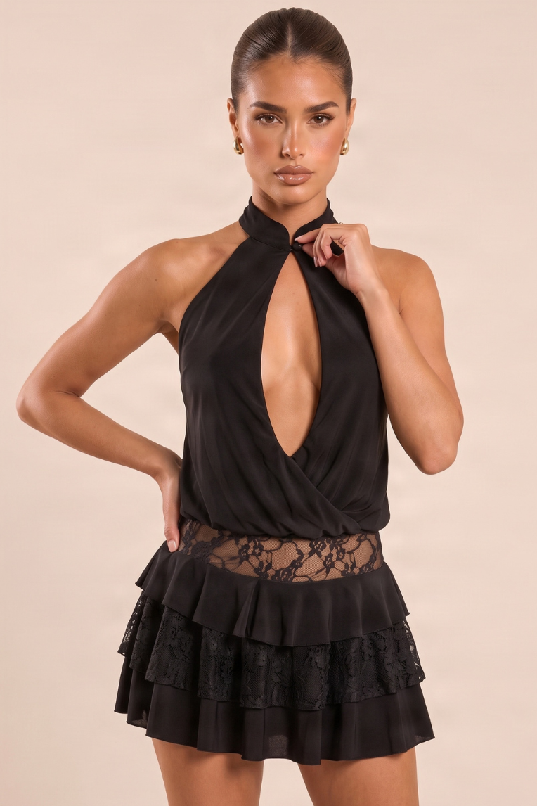 Black Slinky Keyhole Halter Lace Tiered Playsuit - Nevah