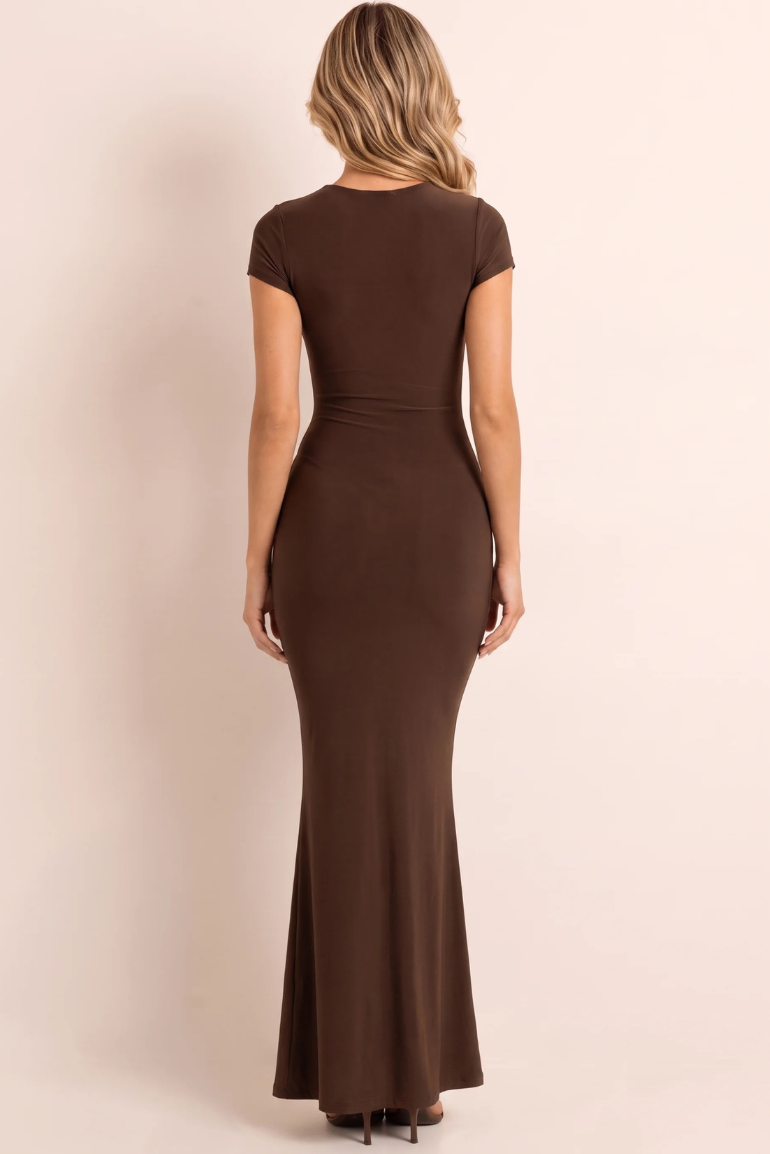 Chocolate Plunge Drape Short Sleeve Maxi Dress - Zina