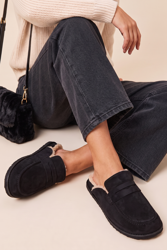 Black Faux Suede Faux Fur Lined Loafer Mules - Brynn