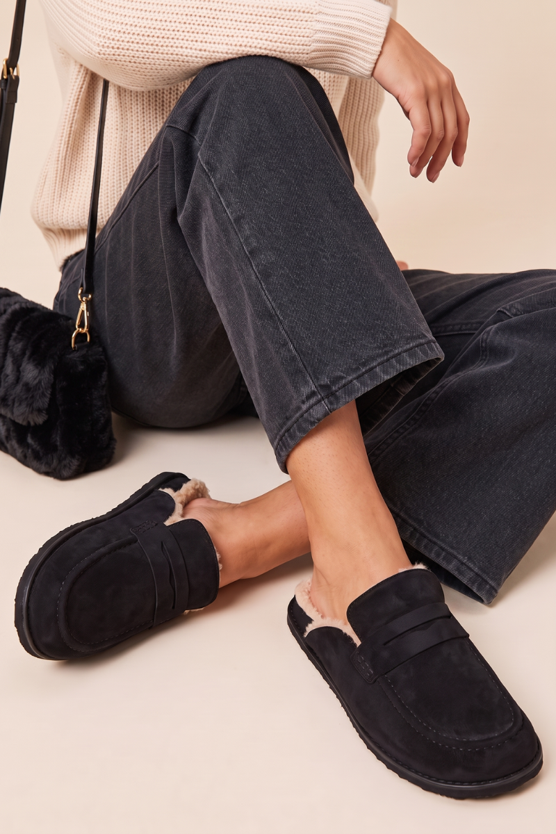 Black Faux Suede Faux Fur Lined Loafer Mules - Brynn