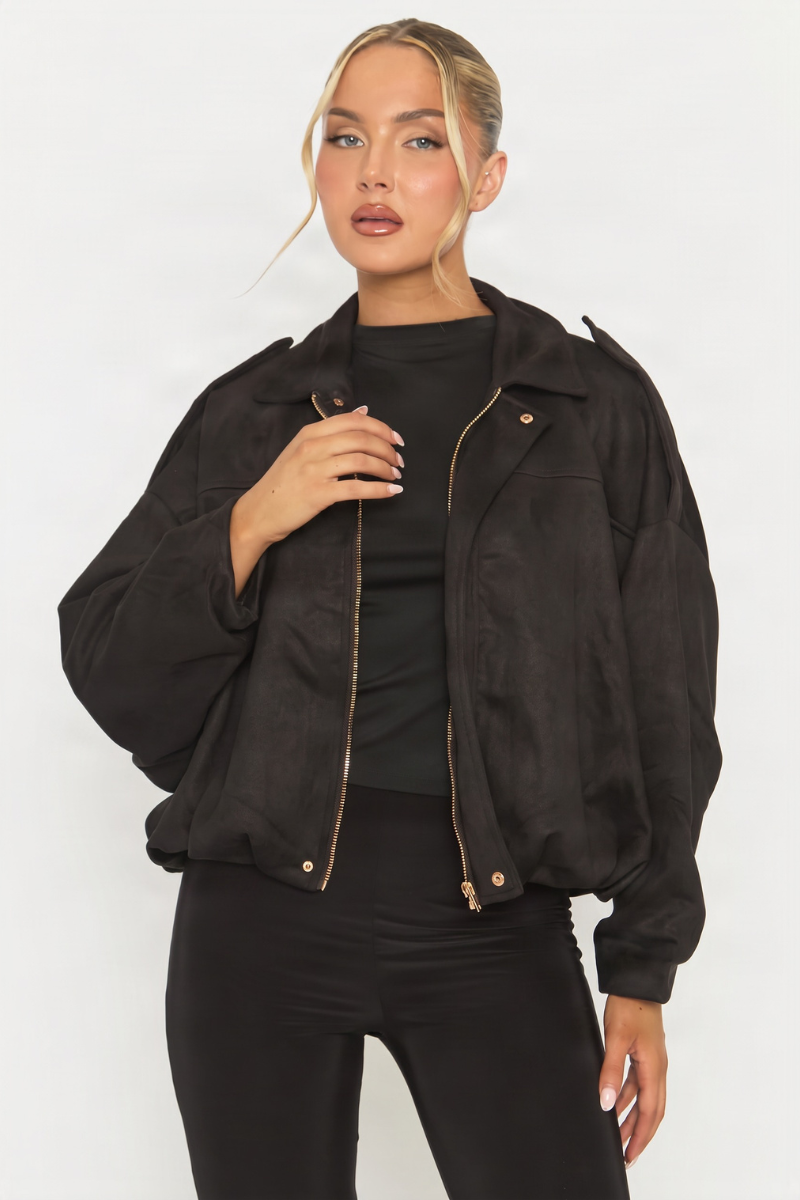 Black Suede Bomber Jacket - Imane