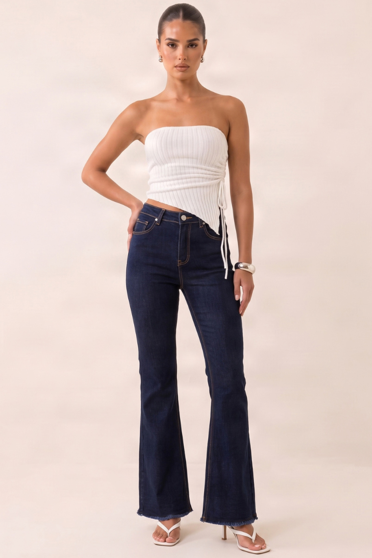 Indigo Stretch Denim Frayed Hem Flare Leg Jeans - Carys