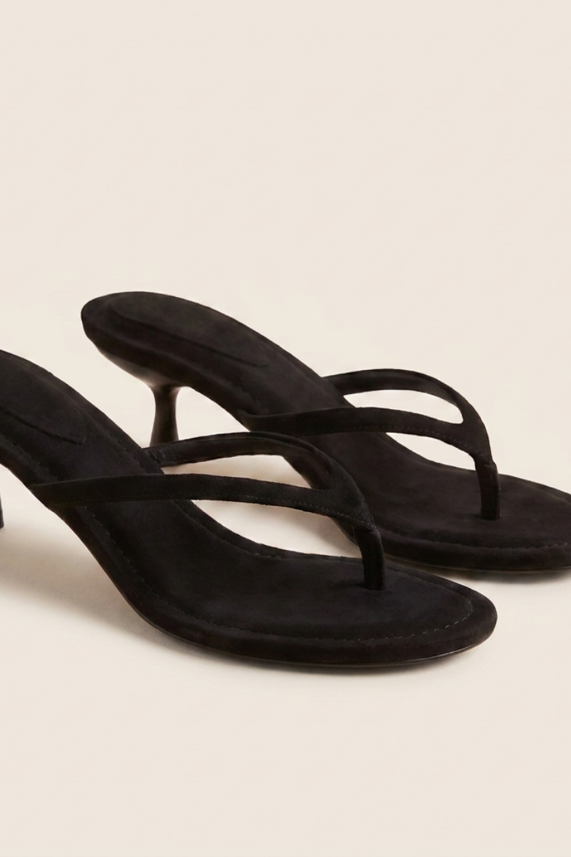 Black Faux Suede Thong Strap Kitten Heel Mule - Waverly