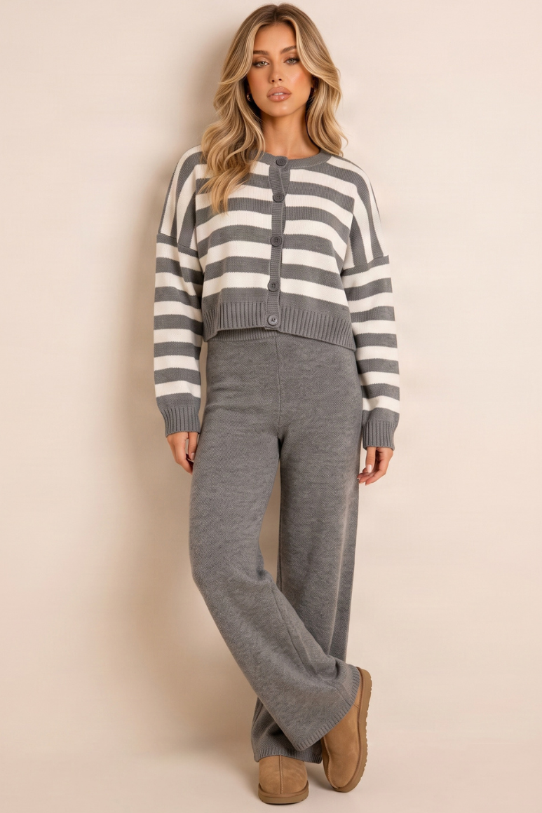 Grey Oversized Stripe Cardigan and Jogger Loungewear Co-ord Set - Hayden