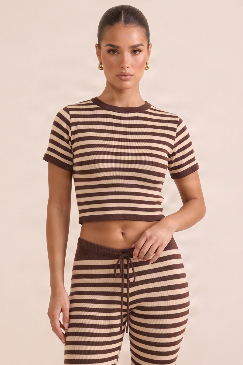 Chocolate Stripe Short Sleeve Knit Top and Flare Trousers Loungewear Co-ord Set - Kardie
