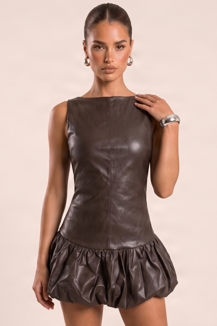 Chocolate PU Faux Leather Puffball Playsuit - Leah