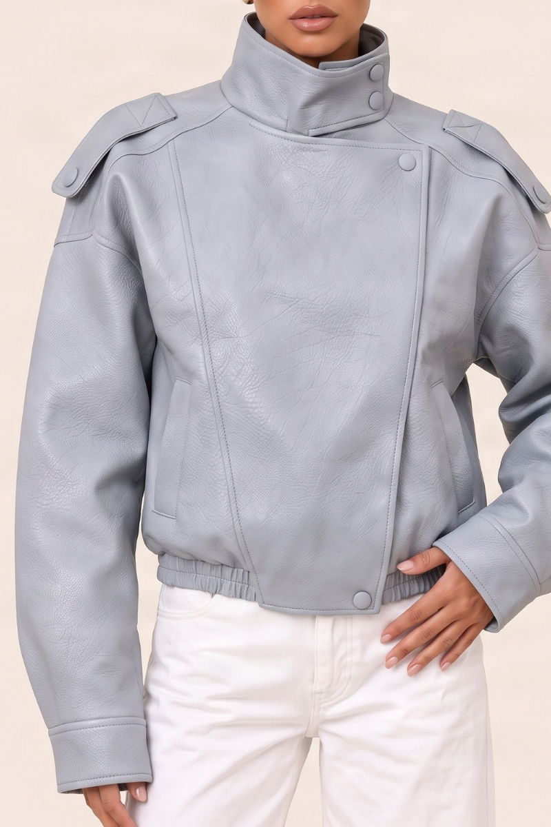 Blue Faux Leather Funnel Neck Oversized Bomber Jacket - Deanna