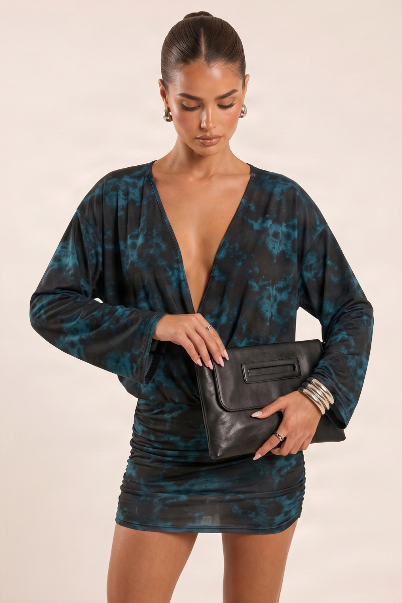 Blue Printed Deep Plunge Blouson Mini Dress - Arlette