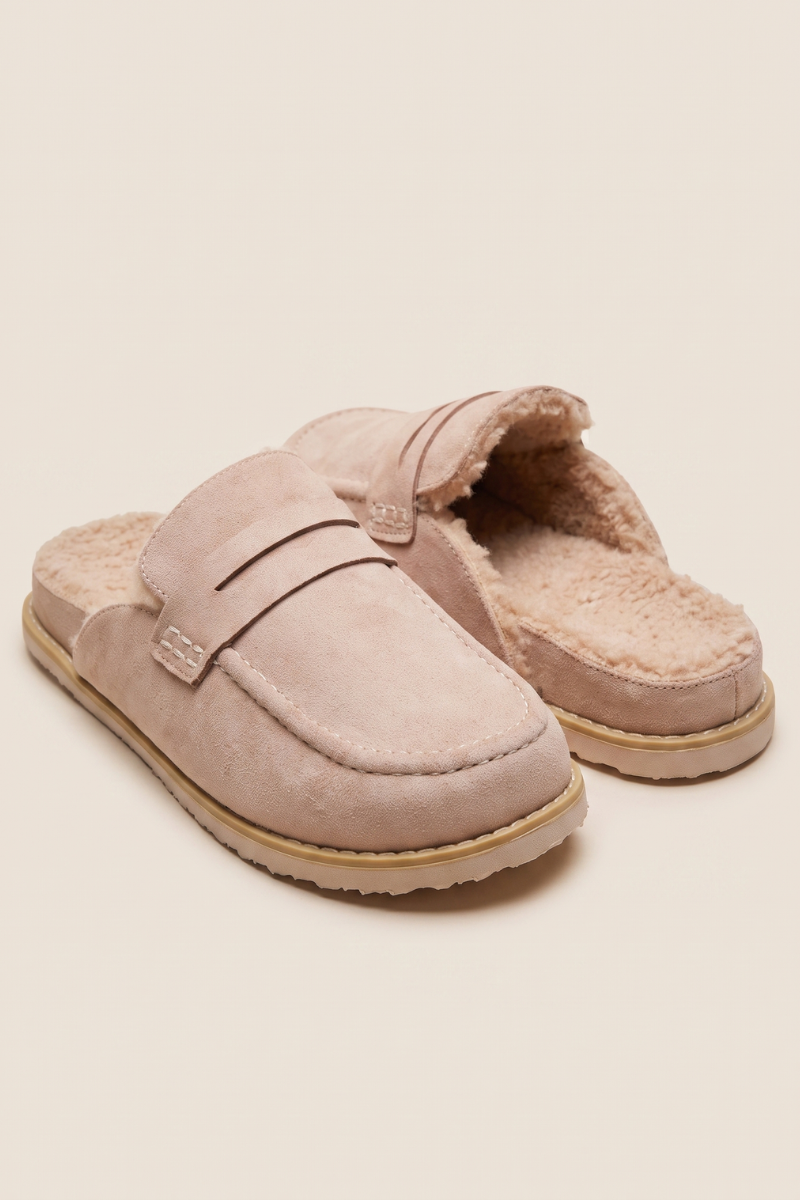 Beige Faux Suede Faux Fur Lined Loafer Mules - Brynn