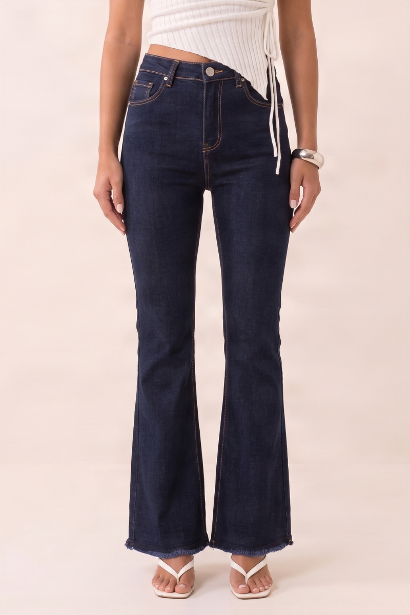 Indigo Stretch Denim Frayed Hem Flare Leg Jeans - Carys