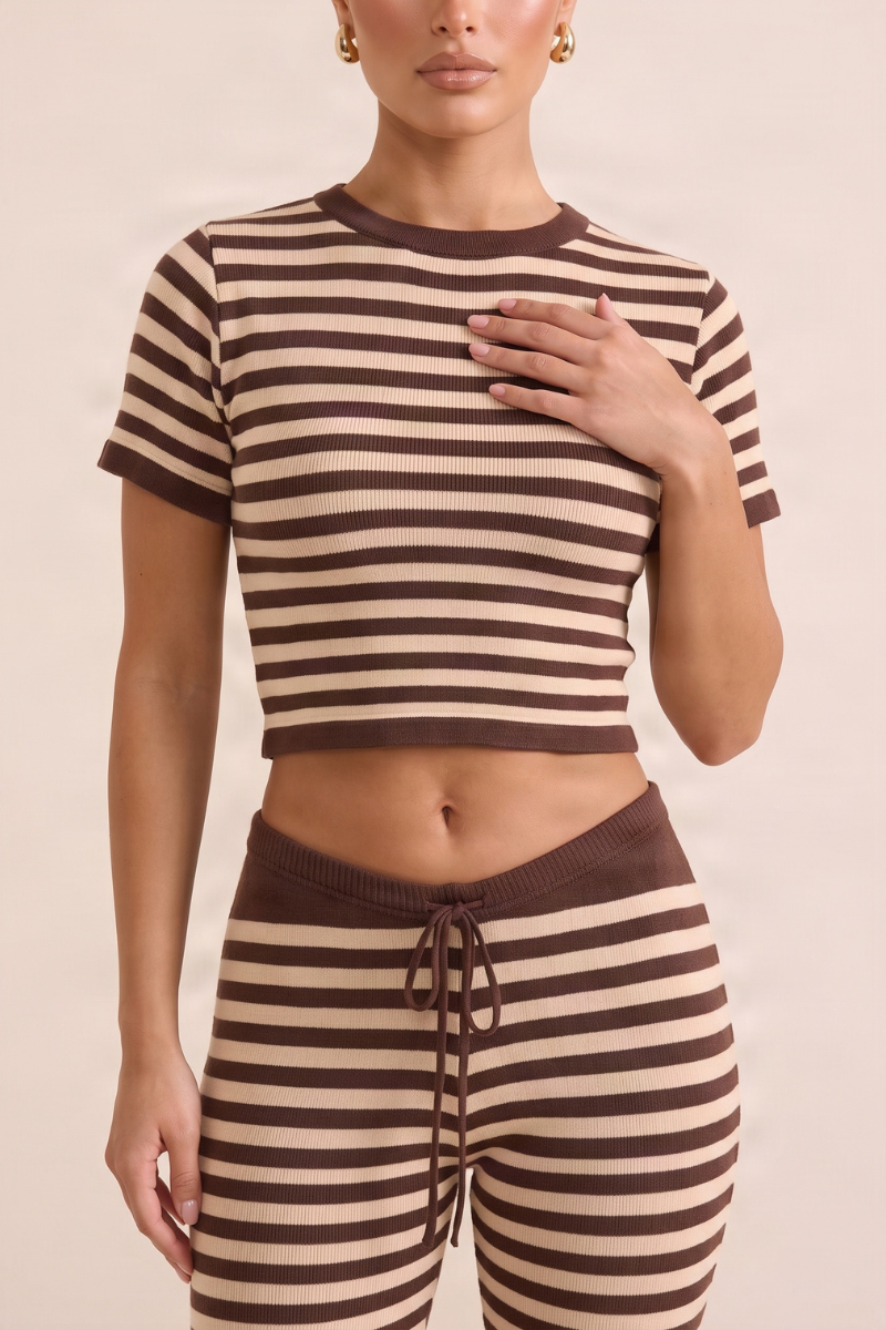 Chocolate Stripe Short Sleeve Knit Top and Flare Trousers Loungewear Co-ord Set - Kardie