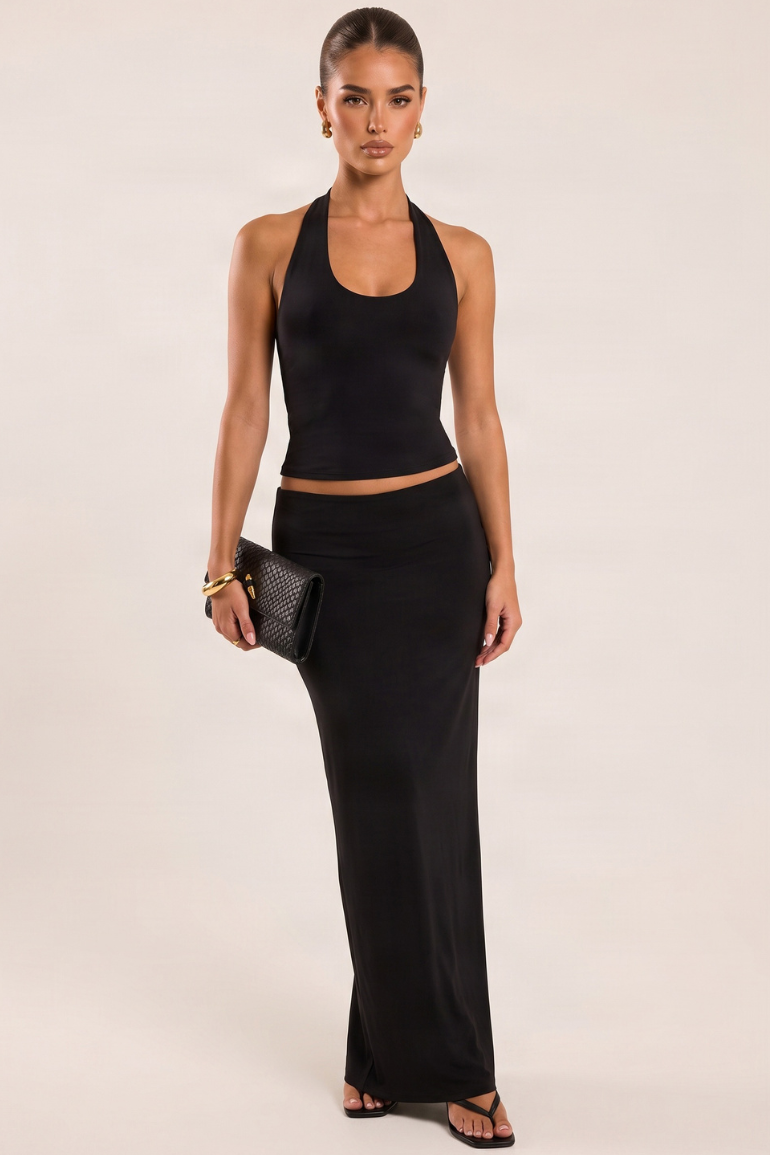 Black Racer Top and Maxi Skirt Co-ord Set - Morris