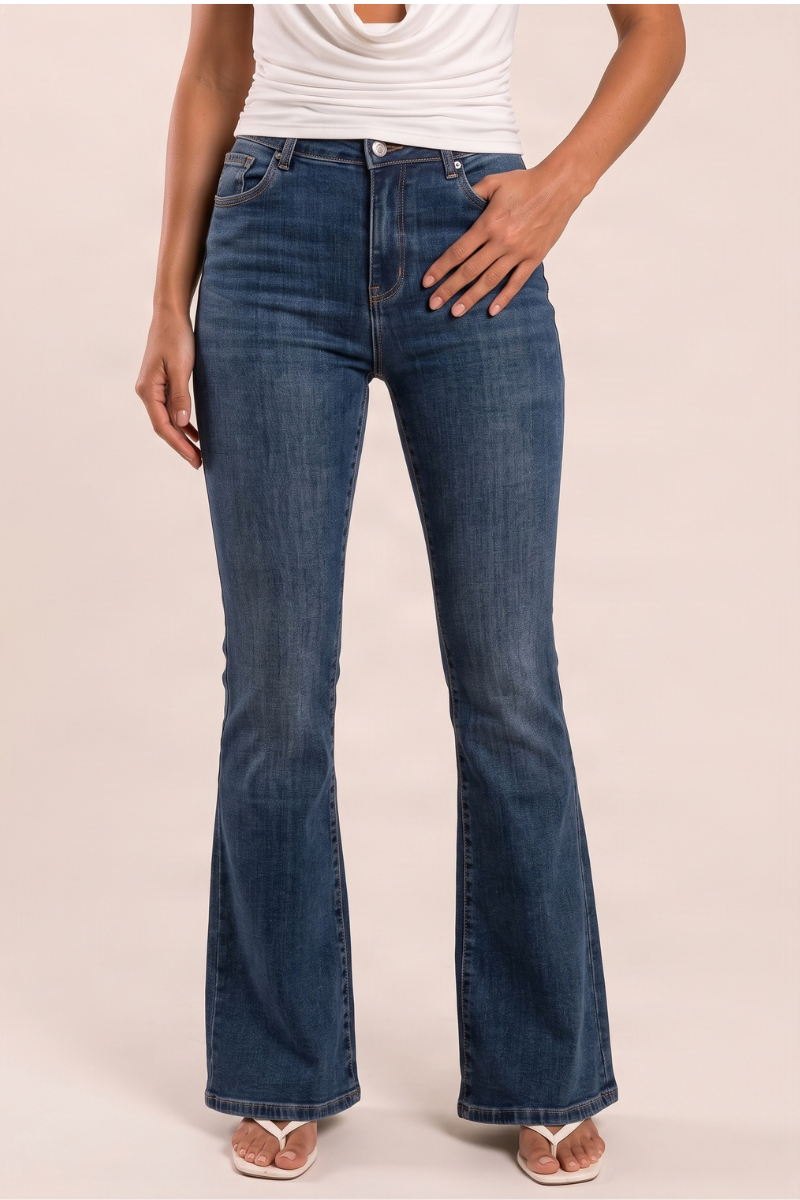 Dark Blue Vintage Washed Stretch Denim Flare Leg Jeans - Dawson