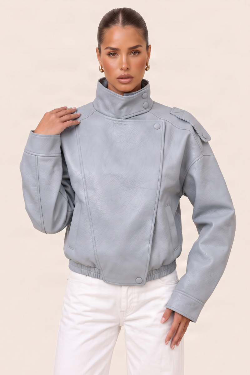 Blue Faux Leather Funnel Neck Oversized Bomber Jacket - Deanna