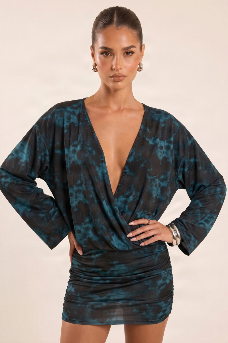 Blue Printed Deep Plunge Blouson Mini Dress - Arlette