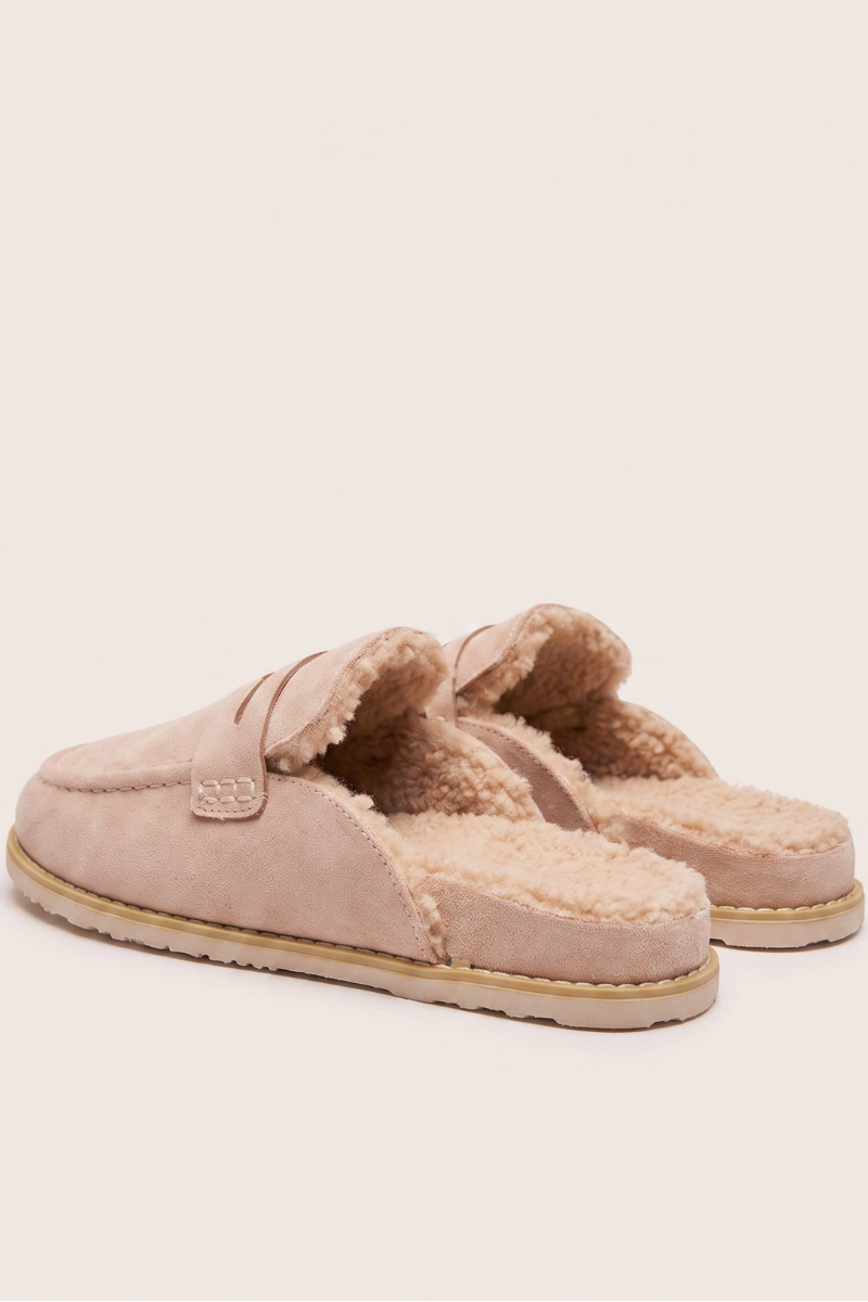 Beige Faux Suede Faux Fur Lined Loafer Mules - Brynn