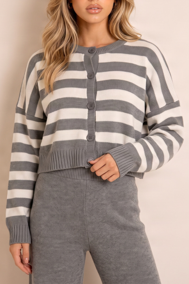 Grey Oversized Stripe Cardigan and Jogger Loungewear Co-ord Set - Hayden