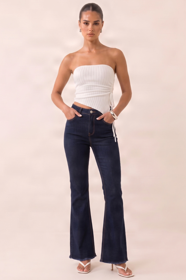 Indigo Stretch Denim Frayed Hem Flare Leg Jeans - Carys