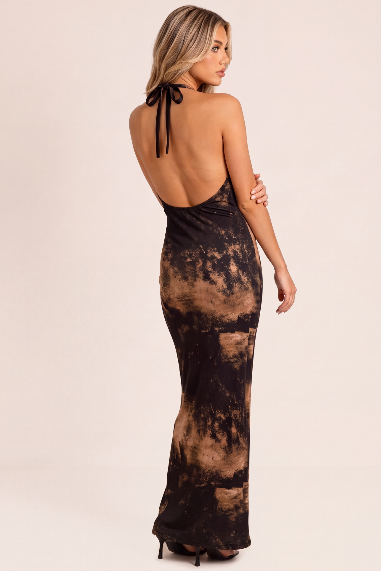 Bronze Printed Slinky Halterneck Maxi Dress - Binky