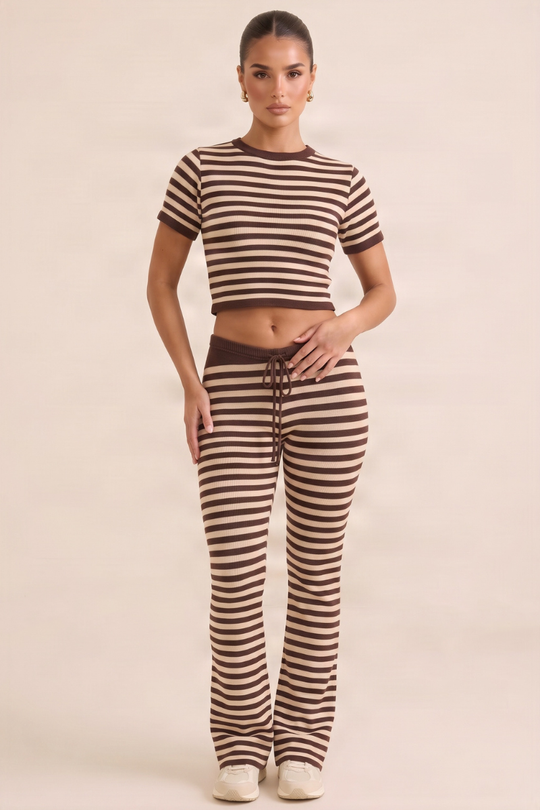 Chocolate Stripe Short Sleeve Knit Top and Flare Trousers Loungewear Co-ord Set - Kardie