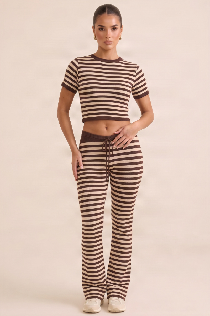 Chocolate Stripe Short Sleeve Knit Top and Flare Trousers Loungewear Co-ord Set - Kardie