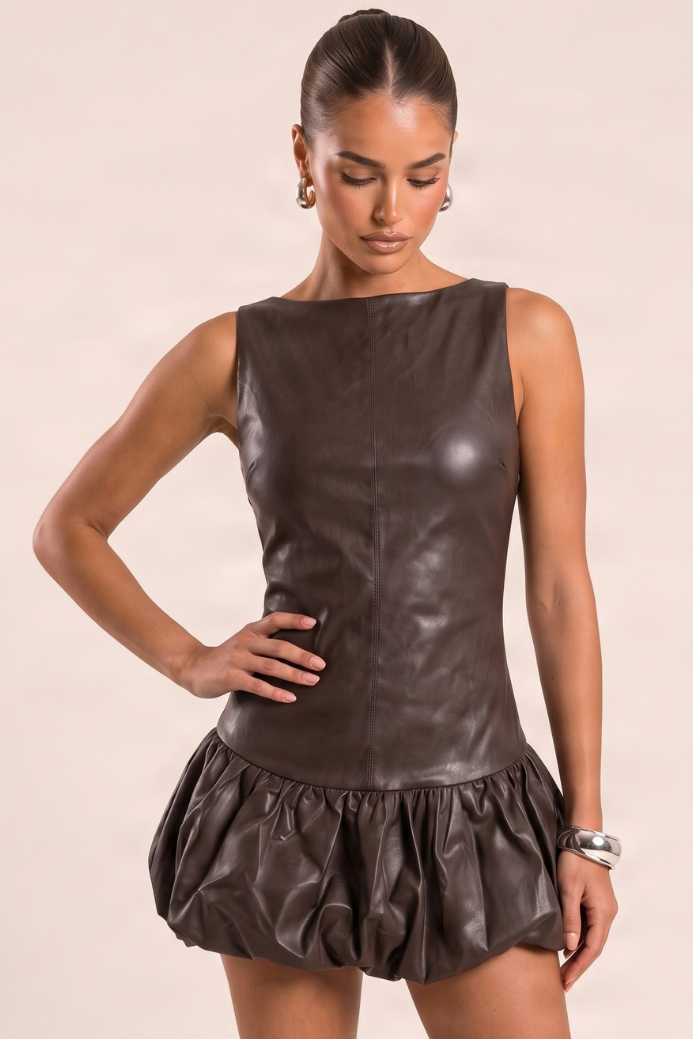 Chocolate PU Faux Leather Puffball Playsuit - Leah