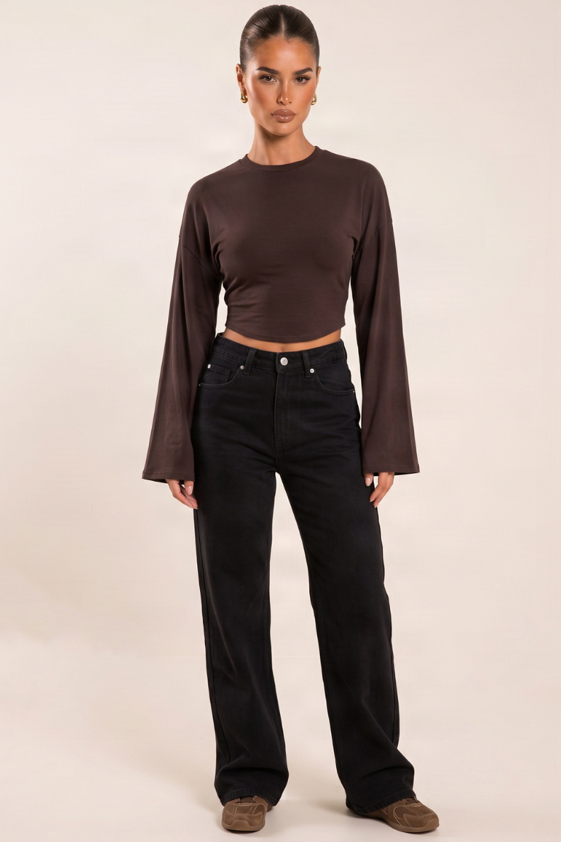 Chocolate Cinched Waist Long Sleeve Top - Myah