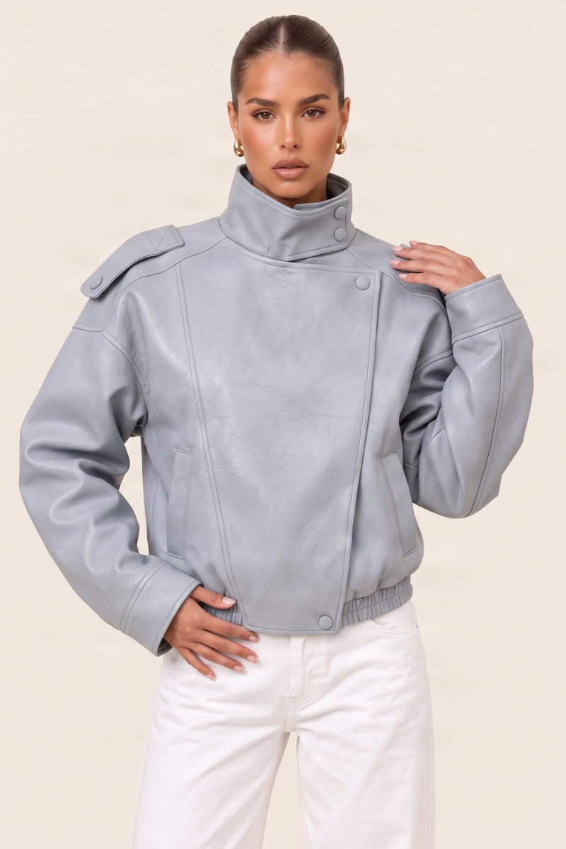 Blue Faux Leather Funnel Neck Oversized Bomber Jacket - Deanna